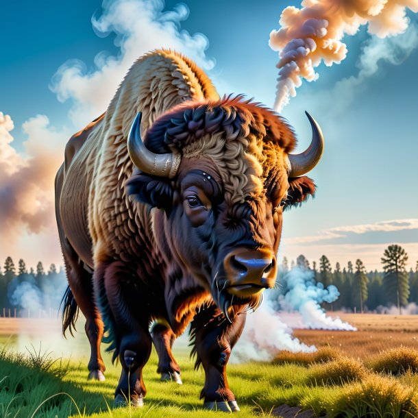 Pic of a smoking of a bison on the field