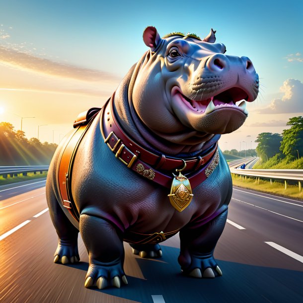 Illustration of a hippopotamus in a belt on the highway