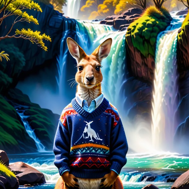 Picture of a kangaroo in a sweater in the waterfall