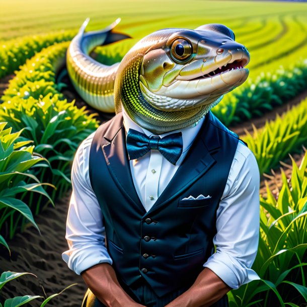 Picture of a eel in a vest on the field