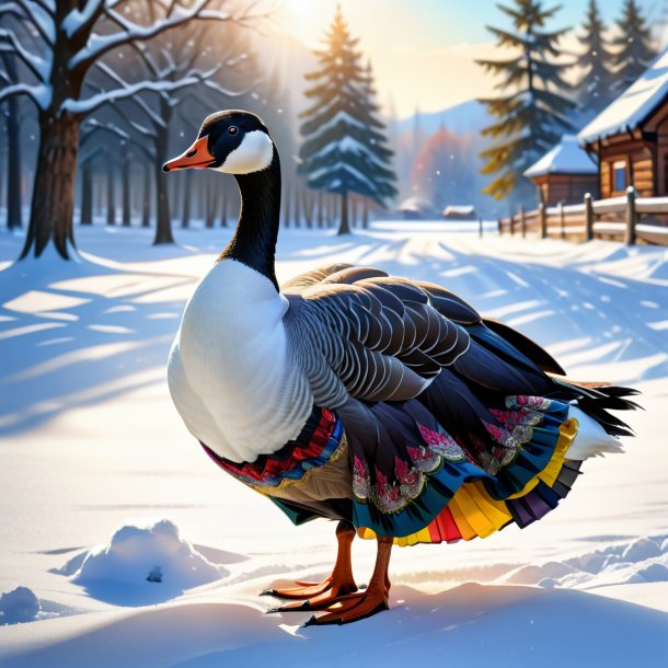 Drawing of a goose in a skirt in the snow