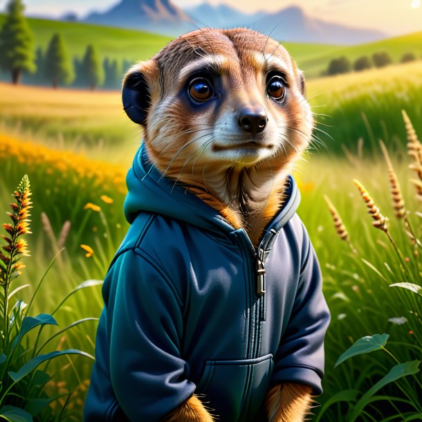 Picture of a meerkat in a hoodie in the meadow