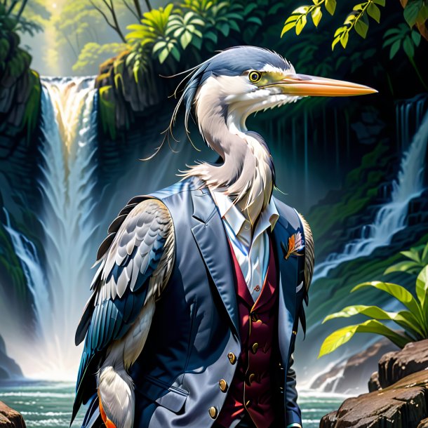 Drawing of a heron in a vest in the waterfall