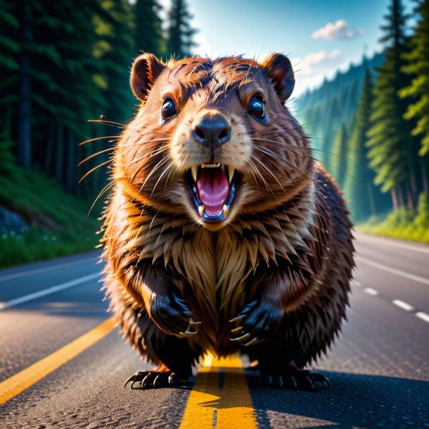 Picture of a angry of a beaver on the road