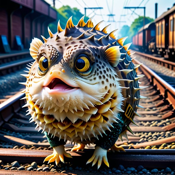 Image of a pufferfish in a vest on the railway tracks