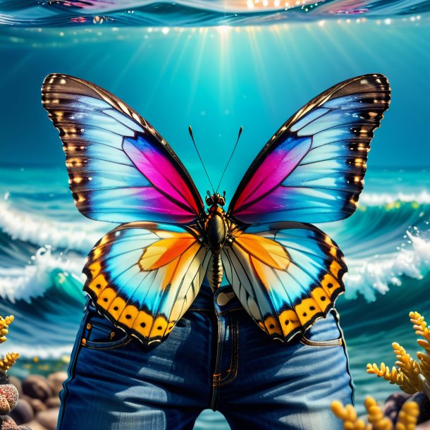 Pic of a butterfly in a jeans in the sea