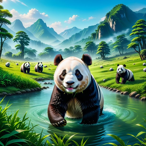 Picture of a swimming of a giant panda in the meadow