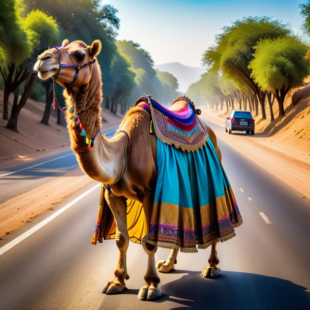 Picture of a camel in a skirt on the road