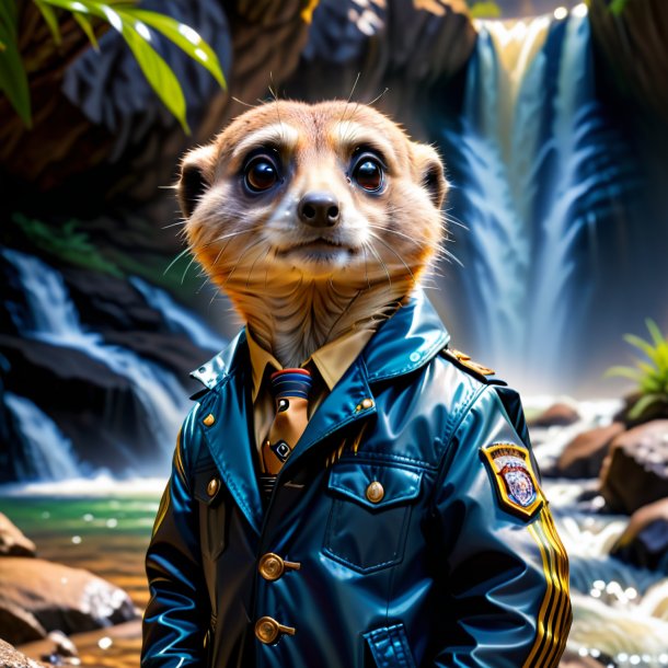 Picture of a meerkat in a jacket in the waterfall