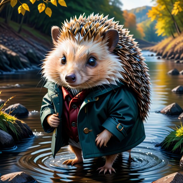 Drawing of a hedgehog in a coat in the river