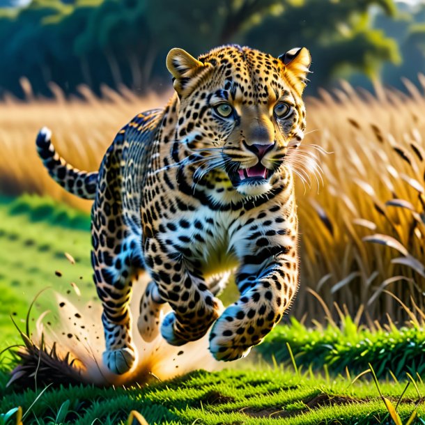 Foto de um salto de um leopardo no campo