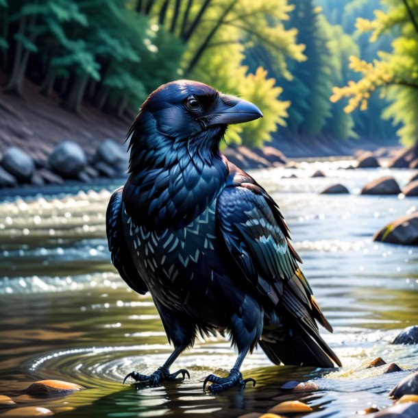 Picture of a crow in a vest in the river