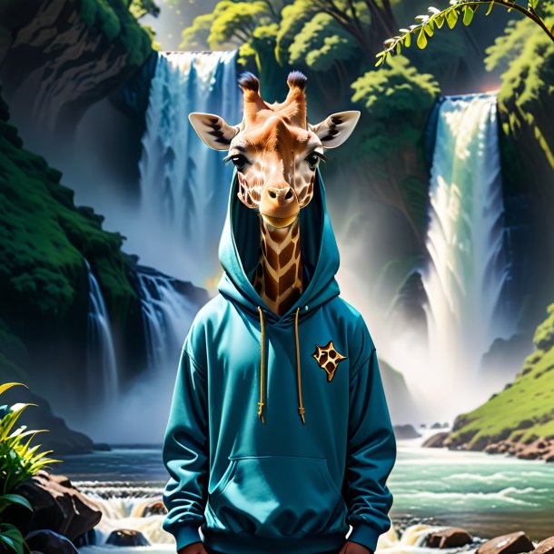 Picture of a giraffe in a hoodie in the waterfall