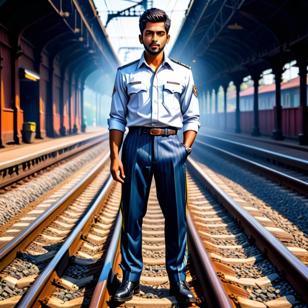 Picture of a sardines in a trousers on the railway tracks