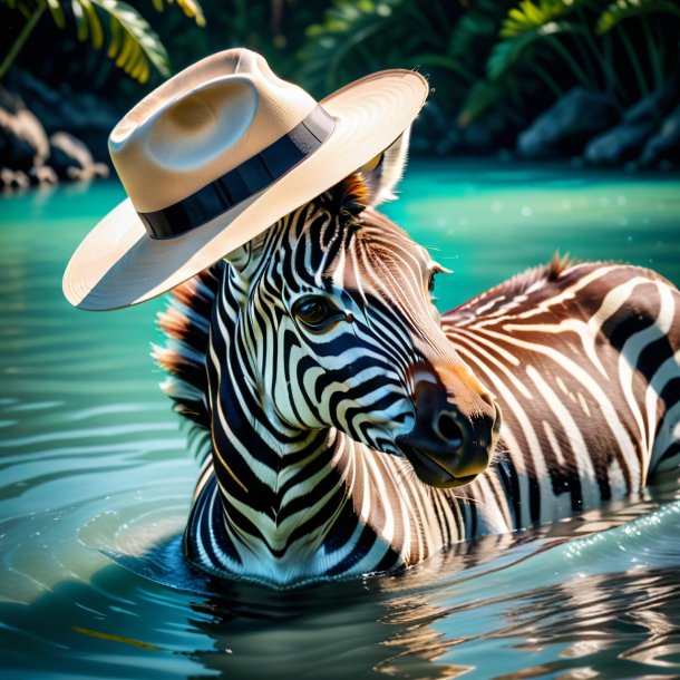 Image of a zebra in a hat in the water