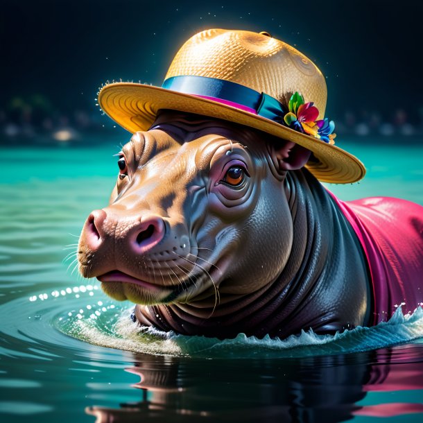 Picture of a hippopotamus in a hat in the water