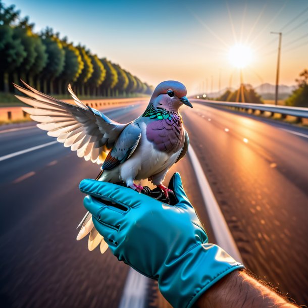 Foto de uma pomba em uma luvas na estrada