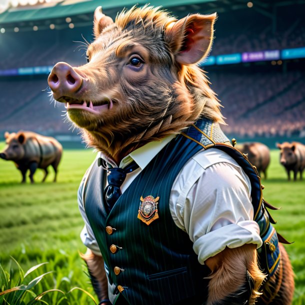 Pic of a boar in a vest on the field