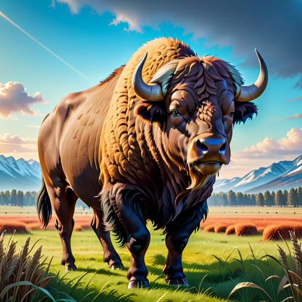 Illustration of a buffalo in a coat on the field