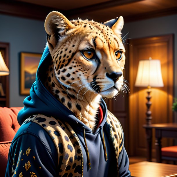 Illustration of a cheetah in a hoodie in the house