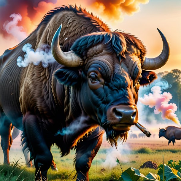 Photo of a smoking of a buffalo on the field