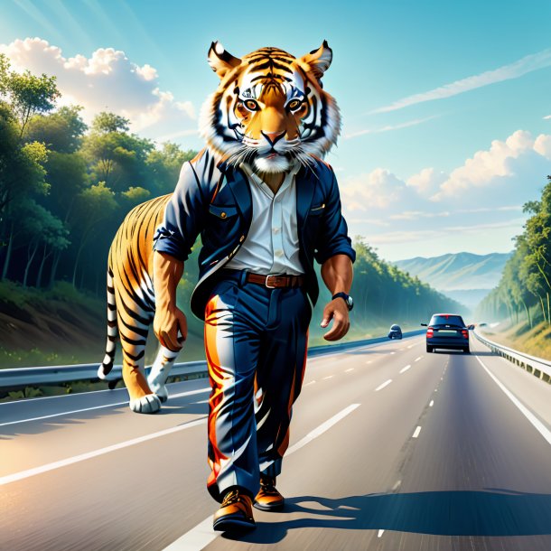 Illustration of a tiger in a trousers on the highway