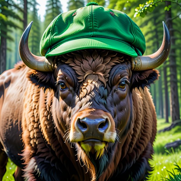 Picture of a bison in a green cap