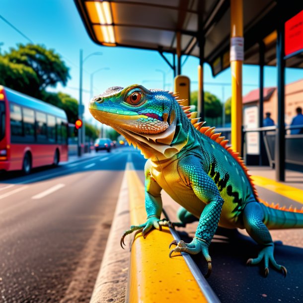 Foto de una amenaza de un lagarto en la parada de autobús