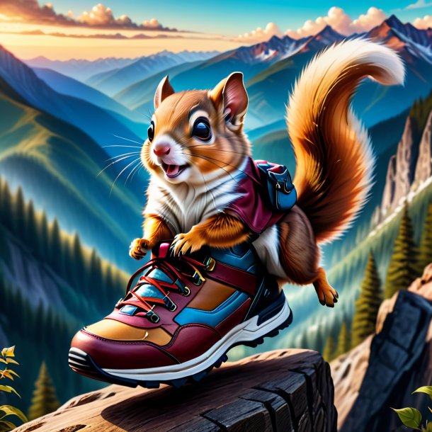 Drawing of a flying squirrel in a shoes in the mountains