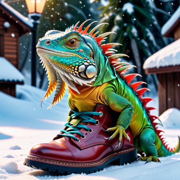 Photo of a iguana in a shoes in the snow