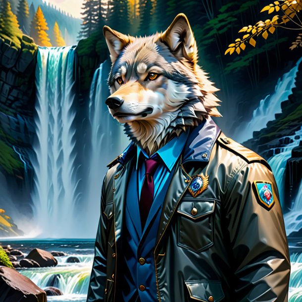 Drawing of a wolf in a jacket in the waterfall