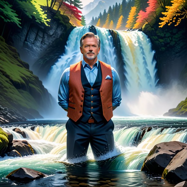 Picture of a salmon in a vest in the waterfall