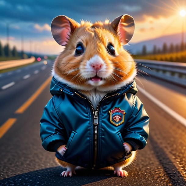 Photo of a hamster in a jacket on the highway