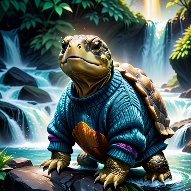 Illustration of a tortoise in a sweater in the waterfall