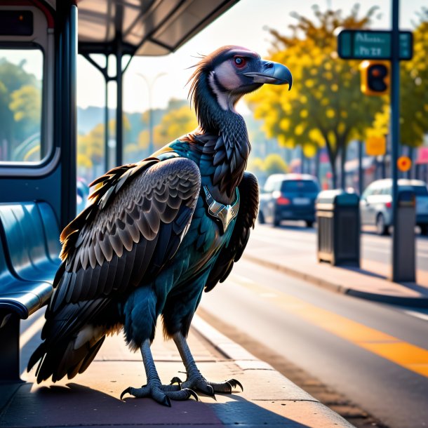 Foto de um abutre em um jeans no ponto de ônibus