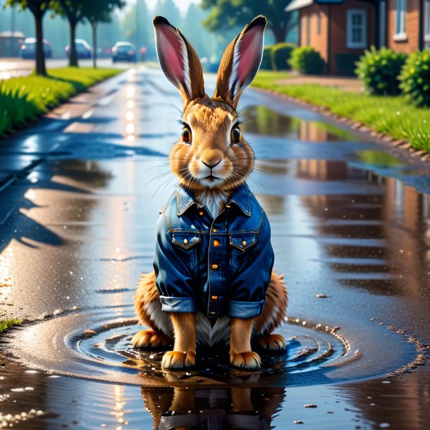 Picture of a hare in a jeans in the puddle