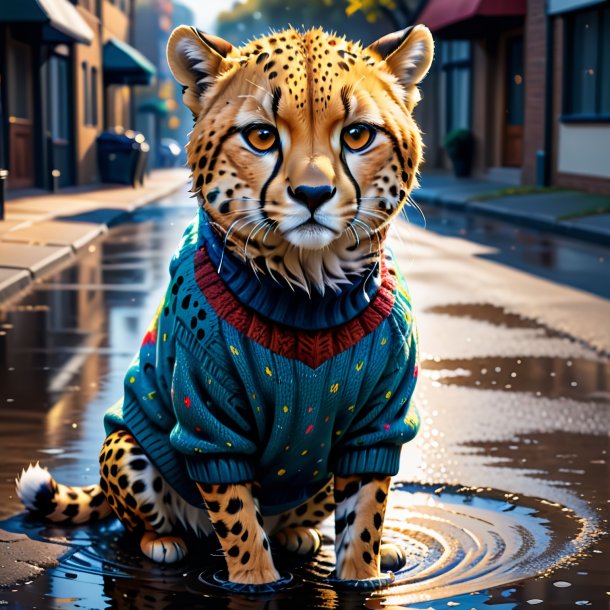 Drawing of a cheetah in a sweater in the puddle