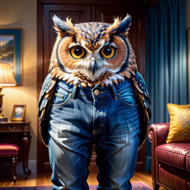 Drawing of a owl in a jeans in the house