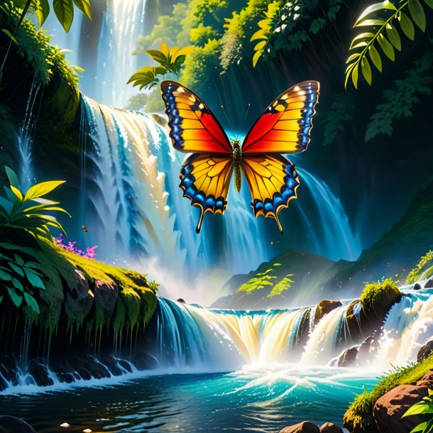 Picture of a jumping of a butterfly in the waterfall