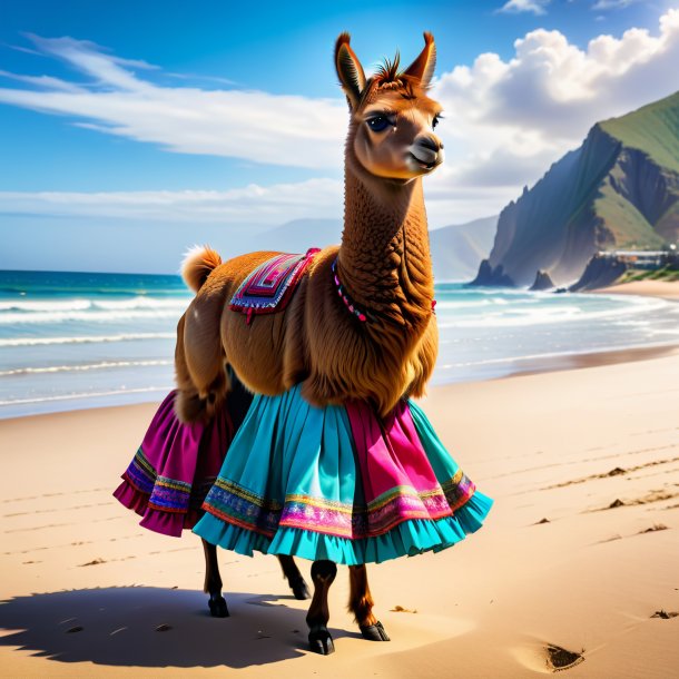 Image of a llama in a skirt on the beach