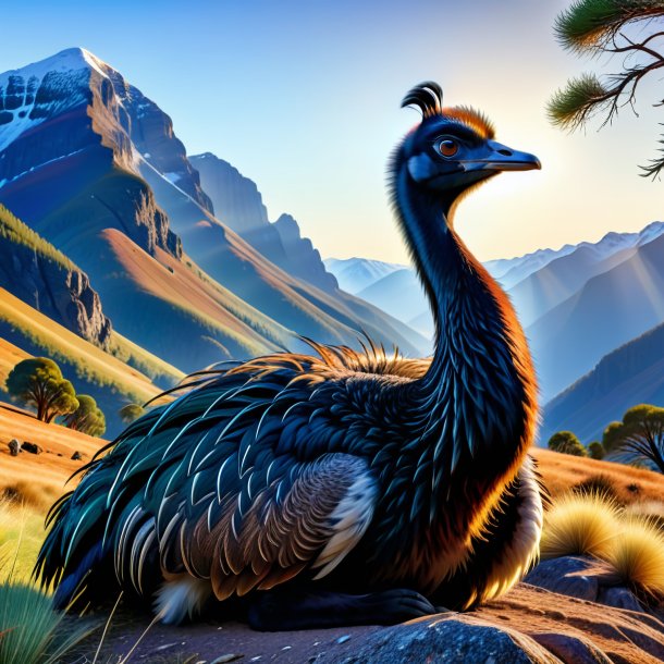 Photo of a resting of a emu in the mountains