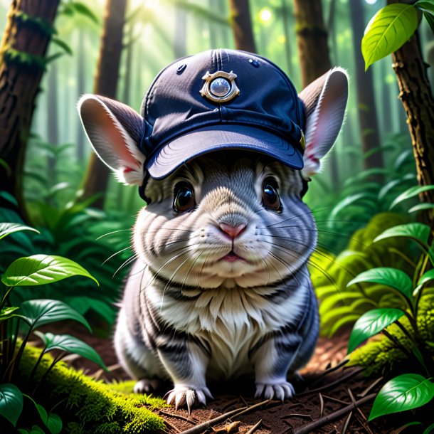 Photo of a chinchillas in a cap in the forest