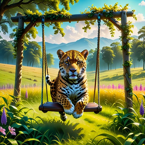 Pic of a swinging on a swing of a jaguar in the meadow