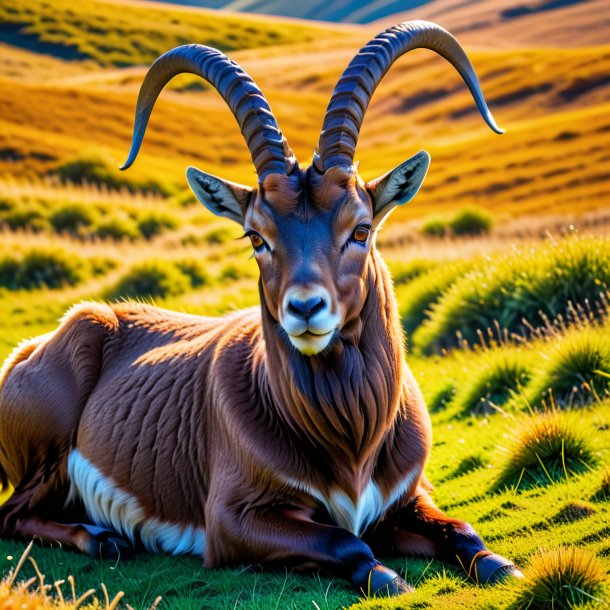 Pic of a resting of a ibex on the field