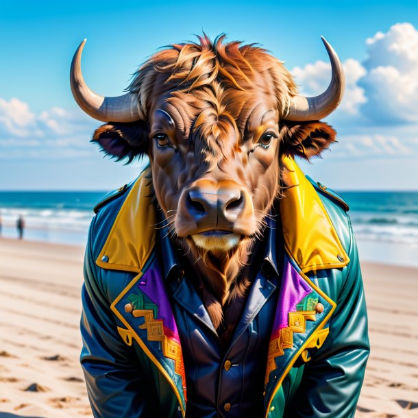 Image d'un bison dans une veste sur la plage