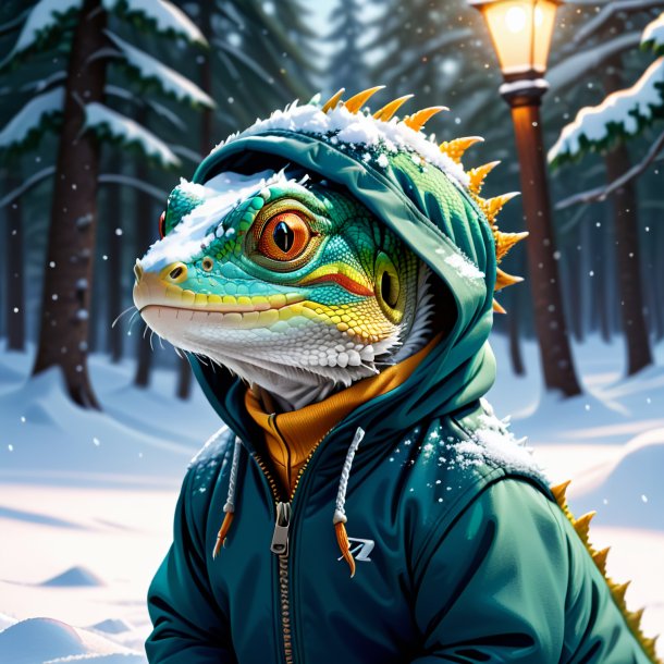 Ilustración de un lagarto en una sudadera con capucha en la nieve