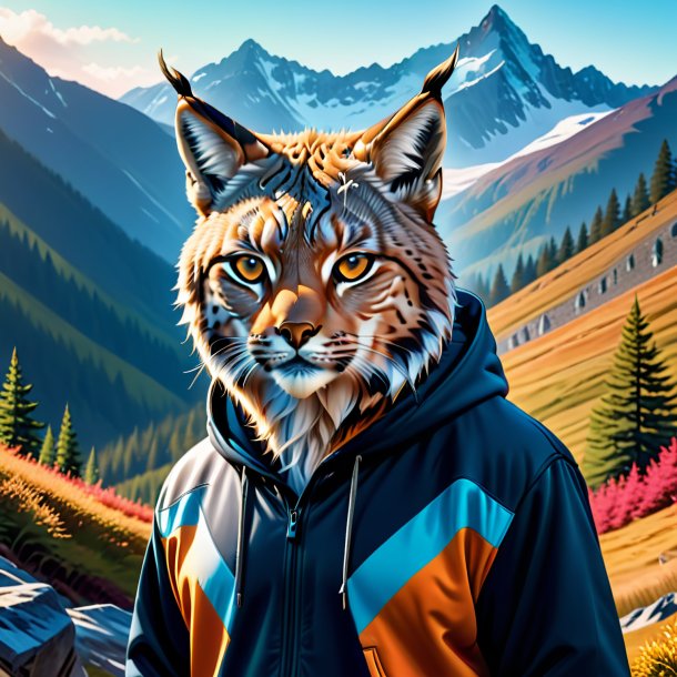 Illustration of a lynx in a hoodie in the mountains