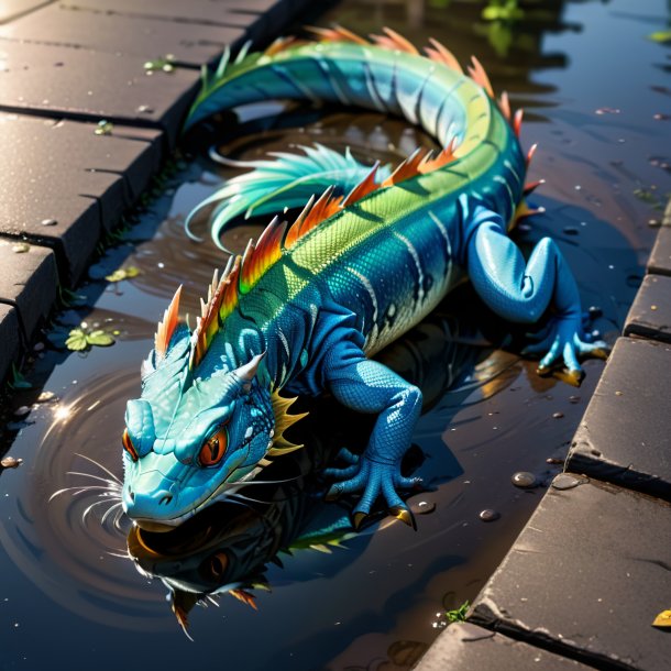 Drawing of a basilisk in a jeans in the puddle