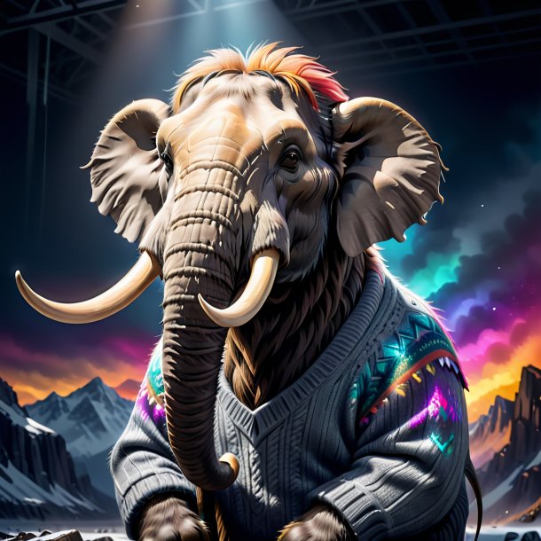 Image of a mammoth in a gray sweater