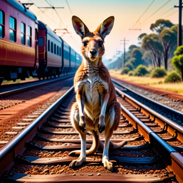 Image of a kangaroo in a shoes on the railway tracks